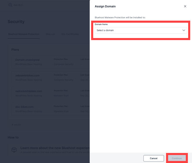 Bluehost Portal - Security tab - Complete Security - Assign Domain - Select Domain